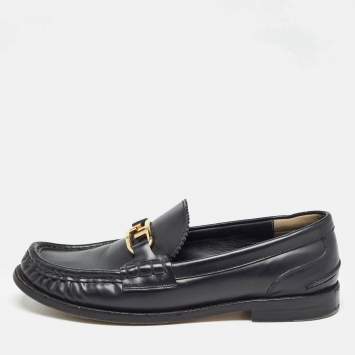 Pre Owned Fendi Black Leather FF Buckle Loafers Size 39