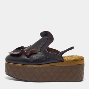 مملوكة مسبقًا Fendi Black/Green Ruffled Leather Slingback Platform Mules Size 39
