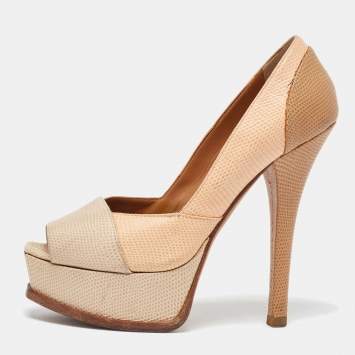 Pre Owned Fendi Tricolor Embossed Lizard Fendista Peep Toe Pumps Size 35.5