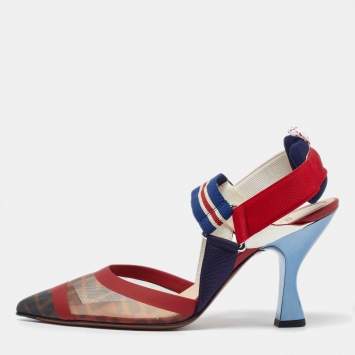 Pre Owned Fendi Brown/Red Zucca Mesh and Leather Colibri Slingback Pumps Size 40