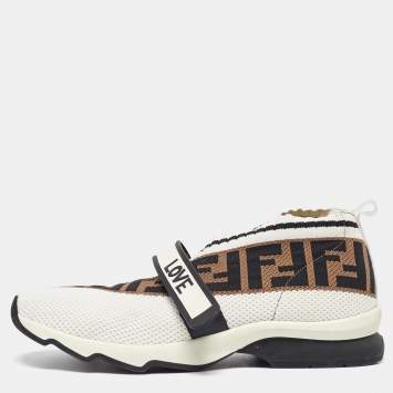 Pre Owned Fendi White/Brown Monogram Mesh Rockoko Velcro Strap Low Top Sneakers Size 39