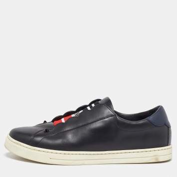 Pre Owned Fendi Black/Blue Leather Scallop Detail Slip On Sneakers Size 38