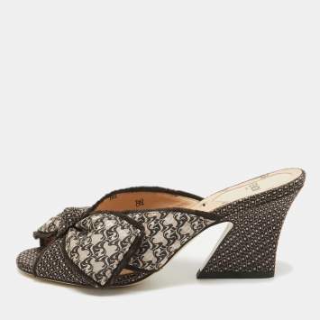Pre Owned Fendi Brown/Beige Printed Fabric Knotted Bow Slide Sandals Size 36