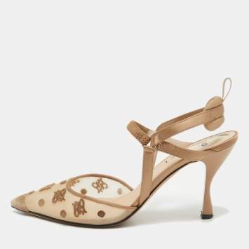 مملوكة مسبقًا Fendi Brown  Mesh and Satin Colibri Pointed Toe Slingback Pumps Size 38