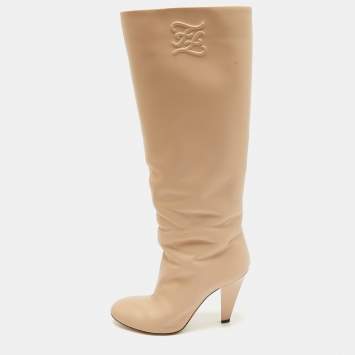Pre Owned Fendi Beige Leather Knee Length Boots Size 40