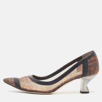 Pre Owned Fendi Brown/Black Zucca Mesh and Leather Colibri Pumps Size 38.5