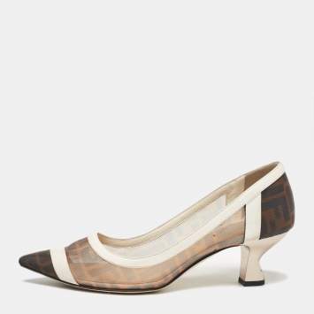 Pre Owned Fendi Brown/White Zucca Mesh and Leather Colibri Pumps Size 39