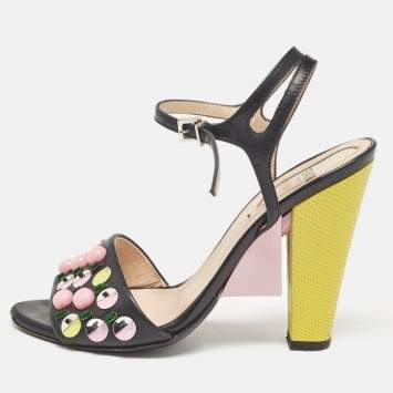 Pre Owned Fendi Black Leather Lizard Embossed Leather Ankle Strap Sandals Size 36