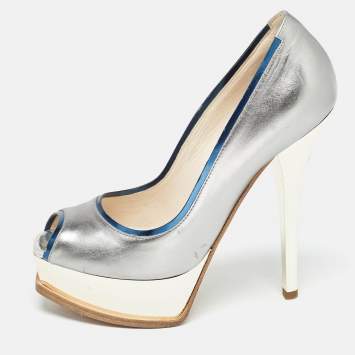 Pre Owned Fendi Silver Leather Fendista Peep Toe Pumps Size 38