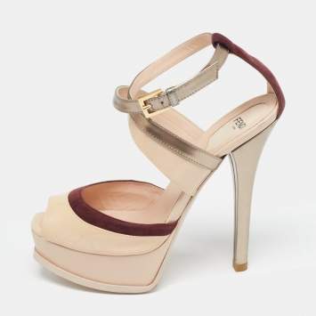 Pre Owned Fendi Multicolor Patent Leather and Suede Ankle Strap Sandals Size 37.5