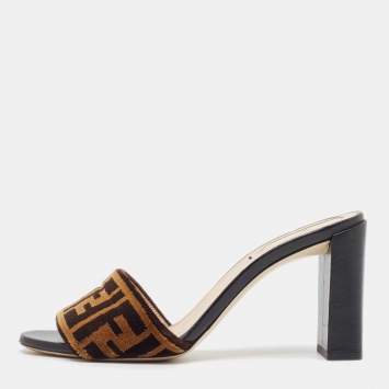 Pre Owned Fendi Brown Velvet Slide Sandals Size 37.5