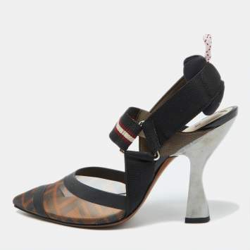 Pre Owned Fendi Black/Brown Zucca Mesh and Canvas Colibri Pumps Size 36