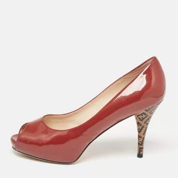 Pre Owned Fendi Brown Patent Leather Zucca Heel Peep Toe Pumps Size 38.5