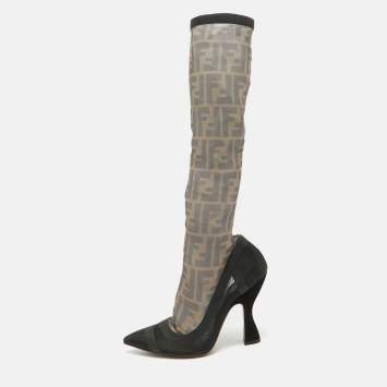 Pre Owned Fendi Black Mesh FF Colibri Mid Calf Boots Size 38