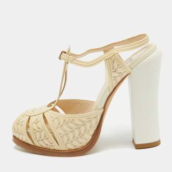 Pre Owned Fendi Cream Patent Leather T-Bar Ankle Strap Sandals Size 36