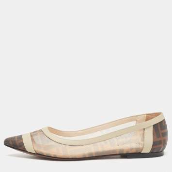 Pre Owned Fendi Brown/Beige Zucca Mesh and Leather Colibri Ballet Flats Size 39