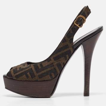Pre Owned Fendi Brown Zucca Canvas Fendista Slingback Pumps Size 39