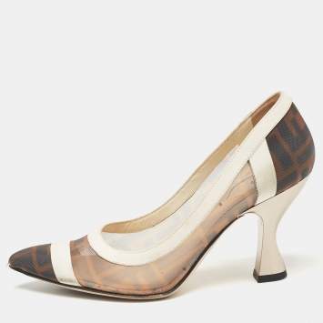 Pre Owned Fendi Brown/White Zucca Mesh and Leather Colibri Pumps Size 35