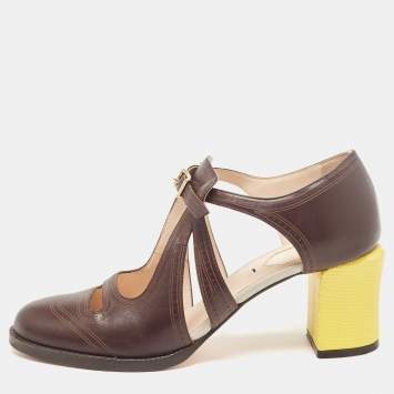 Pre Owned Fendi Brown Leather Mary Jane Pumps Size 37.5