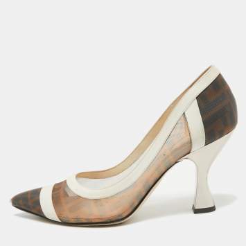 Pre Owned Fendi Brown/Cream Mesh and Leather Colibri Pumps Size 38