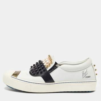 Pre Owned Fendi White/Black Leather Studded Karlito Slip On Sneakers Size 38