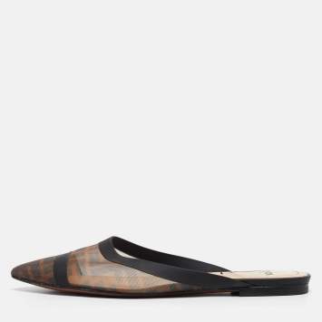 مملوكة مسبقًا Fendi Beige/Black Mesh and Leather Colibri Slide Flats Size 36