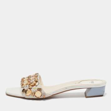 Pre Owned Fendi Cream Leather Crystal Embellished Flat Slides Size 39