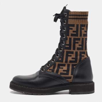 مملوكة مسبقًا Fendi Black Canvas and Leather Rockoko Ankle Length Boots Size 36