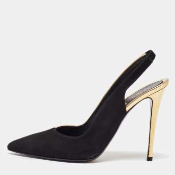 Pre Owned Fendi Black/Gold Laminated Leather and Suede Slingback Sandals Size 38
