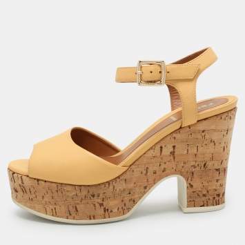 Pre Owned Fendi Beige Leather Cork Wedge Ankle Strap Sandals Size 36