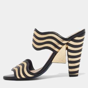 Pre Owned Fendi Black/Gold Leather Wave Striped Slide Sandals Size 39