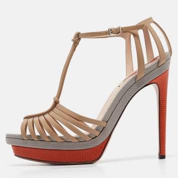 Pre Owned Fendi Multicolor Lizard Embossed and Leather T-Strap Platform Sandals Size 40