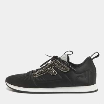 Pre Owned Fendi Black Fabric and Satin Crystal Embellished Lace Up Sneakers Size 41