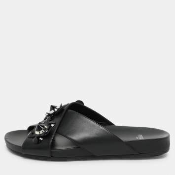 Pre Owned Fendi Black Leather Flowerland Criss Cross Flat Slides Size 38