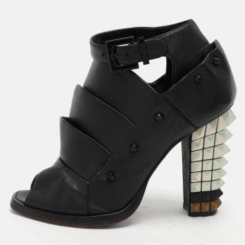 Pre Owned Fendi Black Leather Polifonia Booties Size 36.5