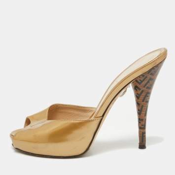Pre Owned Fendi Gold Patent Leather FF Heel Slide Sandals Size 37.5