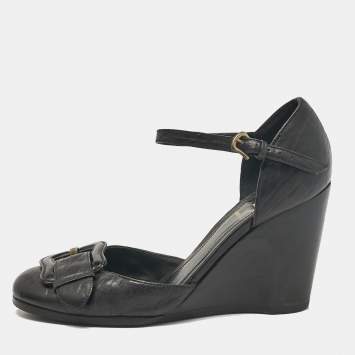 Pre Owned Fendi Black Leather Wedge Pumps Size 36.5