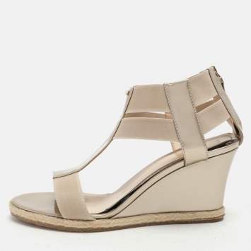 Pre Owned Fendi Beige Patent Leather Wedge Espadrille Sandals Size 38
