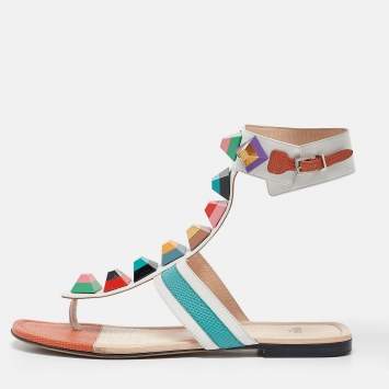 Pre Owned Fendi Multicolor Leather Studded Thong Flat Sandals Size 40