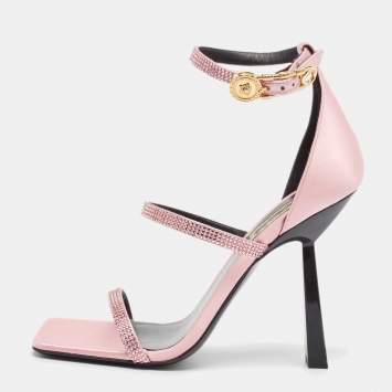 Fendi x Versace Pink Satin Crystal Embellished Ankle Strap Sandals Size 37