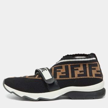 Pre Owned Fendi Black/Brown Zucca Knit Fabric Rockoko Slip On Sneakers Size 38