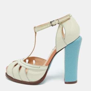 Pre Owned Fendi Off-white/Blue Patent Leather T-Strap Platform Sandals Size 36.5