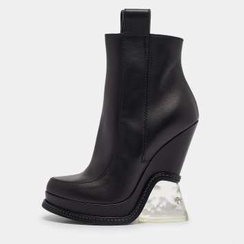 Pre Owned Fendi Black Leather Zip Up Ankle Length Boots Size 36