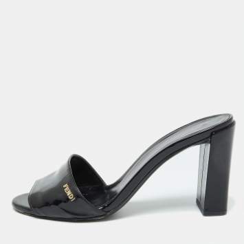 Pre Owned Fendi Black Patent Leather Slide Sandals Size 37