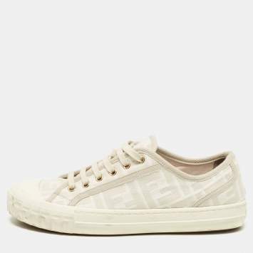 Pre Owned Fendi Grey FF Canvas Domino Lace Up Sneakers Size 38