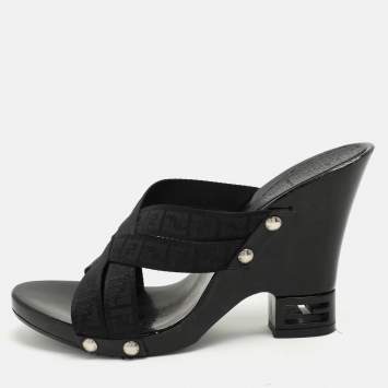 Pre Owned Fendi Black FF Canvas Criss Cross Slide Sandals Size 39