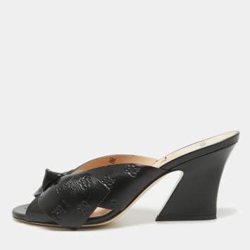 Pre Owned Fendi Black Leather FF Karligraphy Bow Slide Sandals Size 40