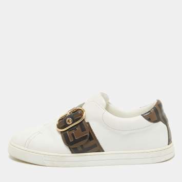 Pre Owned Fendi White/Brown  Leather Lace Up Sneakers Size 37.5