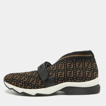 Pre Owned Fendi Black/Brown Zuchinno  Knit Fabric Rockoko Low Top Sneakers Size 39