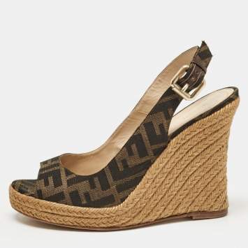 Pre Owned Fendi Tobacco Zucca Fabric Wedge Ankle Strap Sandals Size 40